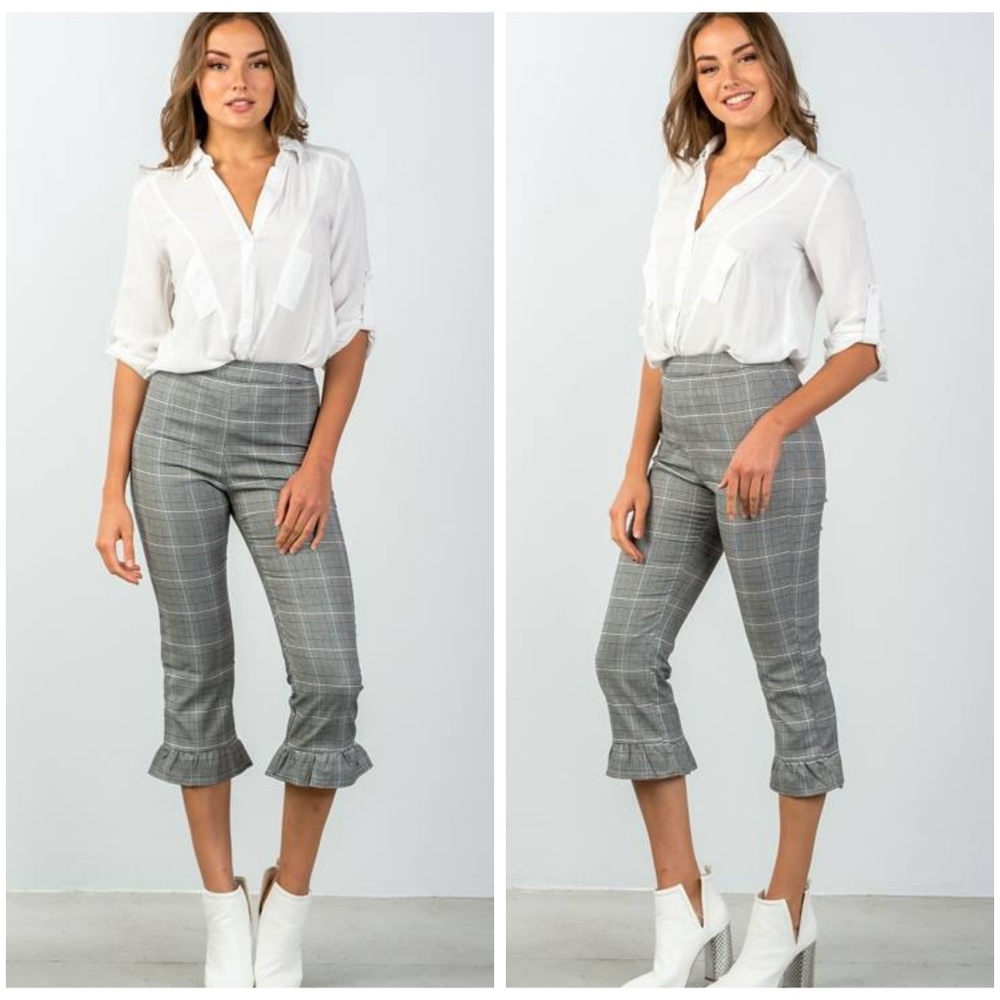 HEATHER PLAID HIGH WAIST RUFFLE CROP PANTS - Picture 5 of 6
